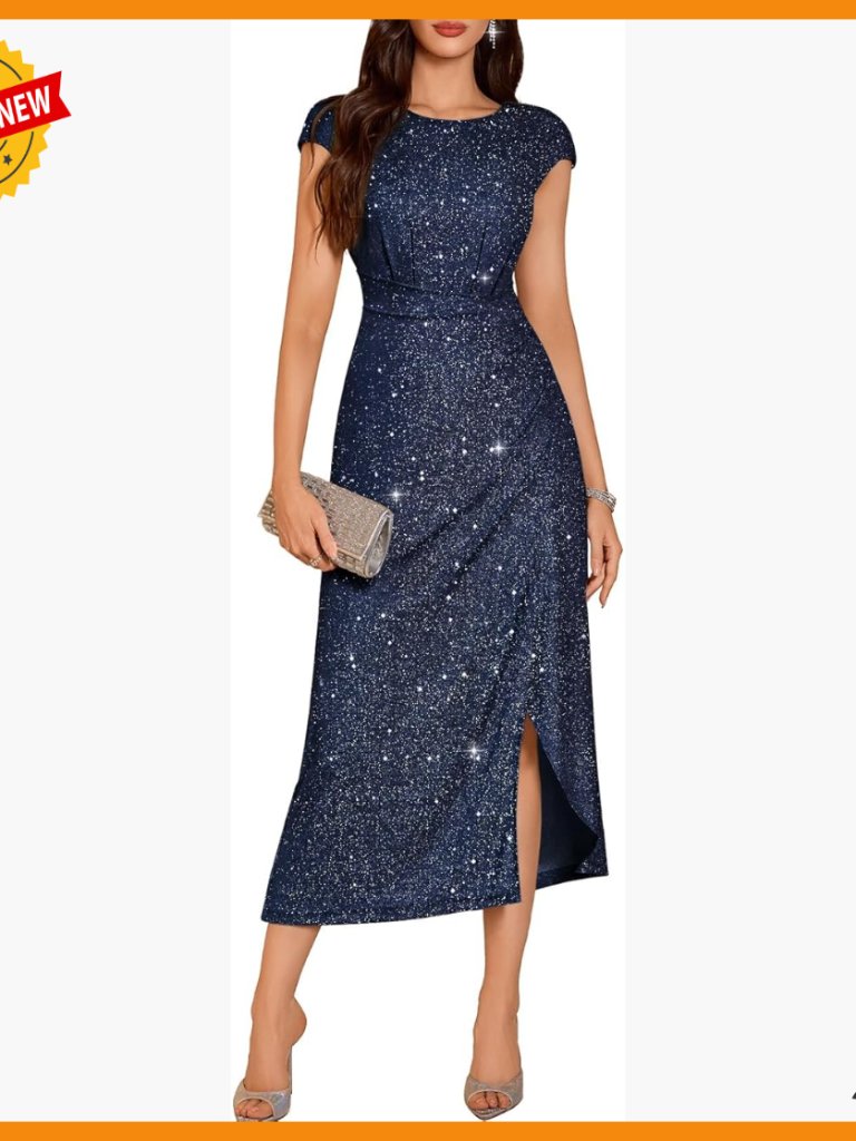 Sequin Maxi Dress With Slit, Crew Neck, Cap Sleeves, Formal Wedding Guest